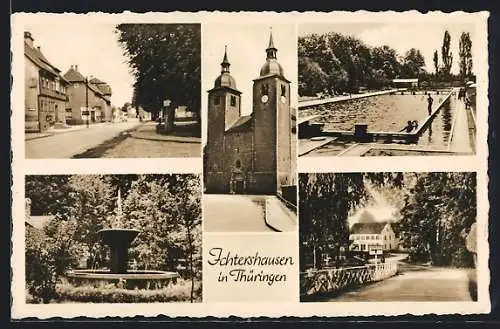 AK Ichtershausen / Thürg., Kirche, Brunnen im Park, Schwimmbad