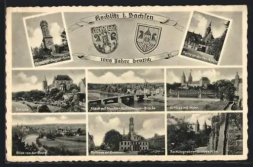 AK Rochlitz in Sachsen, 1000 Jahre Deutsch mit Wappen und acht Ansichten aus der Stadt