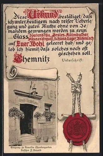 AK Chemnitz, Urkunde und Eingang zu Arnolds Theatergarten