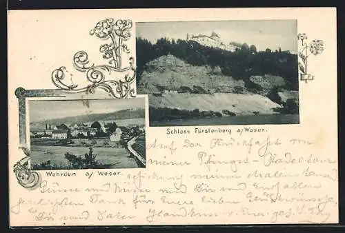 AK Wehrden a. Weser, Ortsansicht und Schloss Fürstenberg a. Weser