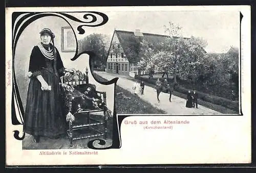 AK York im Altenlande-Kirschenland, Ortspartie und Altländerin in Nationaltracht