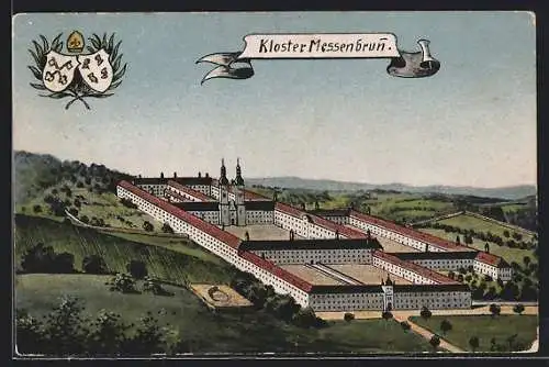 Künstler-AK Wessobrunn, das Kloster aus der Vogelschau mit Wappen