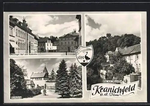 AK Kranichfeld a. d. Ilm, Meininger Hof und Ratskeller, Niederburg, Blick zum Oberschloss und Wappen