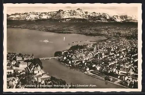 AK Konstanz am Bodensee, Rheinausfluss mit Schweizer Alpen