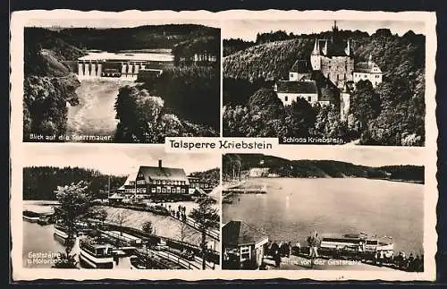 AK Waldheim i. Sa., Talsperre Kriebstein, Blick a. d. Sperrmauer, Schloss, Gaststätte und Motorboote