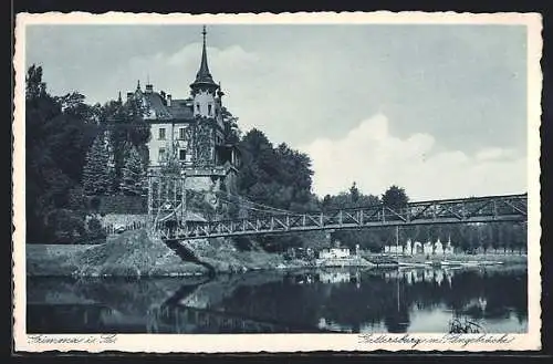 AK Grimma i. Sa., Gattersburg mit Hängebrücke