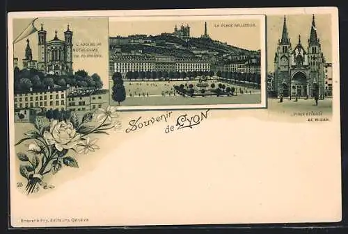 Lithographie Lyon, La Place Bellecour, St. Nizier, L`Abside de Notre-Dame de Fouvière