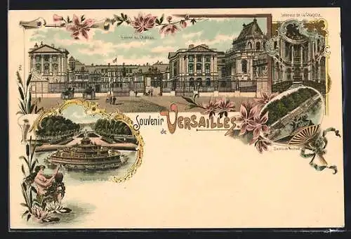 Lithographie Versailles, Entrée du Chateau, Bassin de Latone, Intérieur de la Chapelle