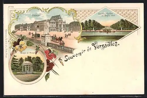 Lithographie Versailles, Chateau, Temple de l`Amour, Bassin d`Appollon