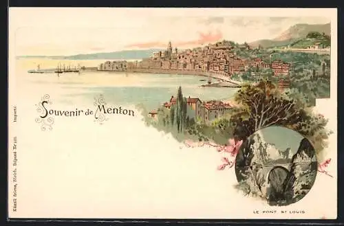 Lithographie Menton, Panorama der Stadt, le Pont St. Louis