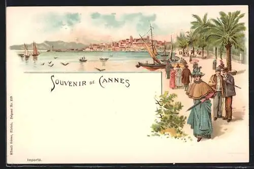 Lithographie Cannes, Hafenansicht mit Spaziergängern