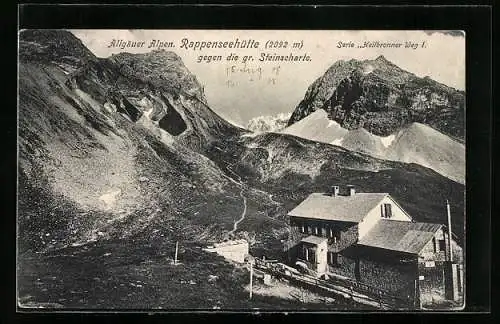 AK Rappenseehütte, Berghütte gegen die gr. Steinscharte, Heilbronner Weg, Allgäuer Alpen