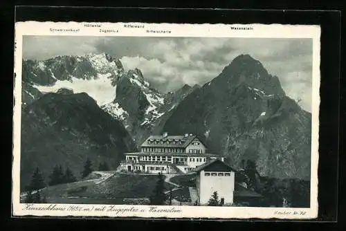 AK Kreuzeckhaus, Berghütte mit Zugspitze und Waxenstein