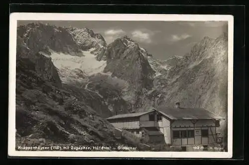 AK Kanppenhütte, Ansicht mit Zugspitze, Höllental und Gletscher
