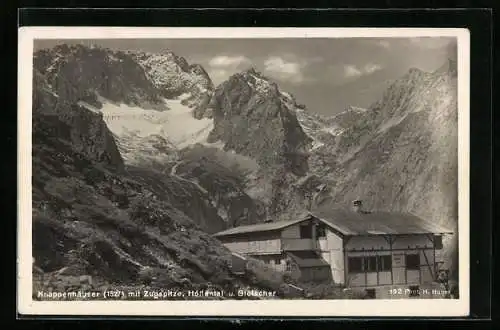 AK Knappenhäuser, Berghütte mit Zugspitze, Höllental u. Gletscher