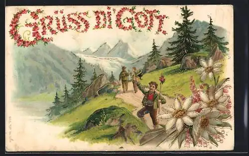 Präge-Lithographie Grüss di Gott, Bergsteiger in den Alpen