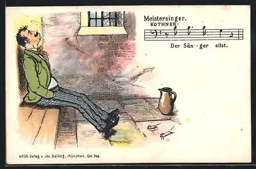 Lithographie Meistersinger Kothner: Der Sänger sitzt, Notenzeile, Gefängnisszene