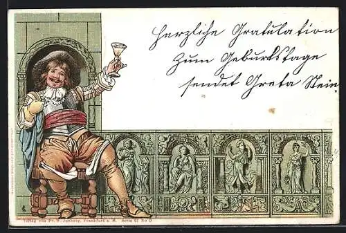 Lithographie Schlossherr beim Weingenuss