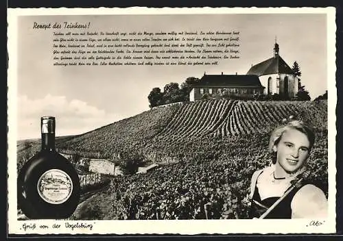 AK Volkach, Vogelsburg, Bocksbeutel-Weinflasche, Weinkönigin