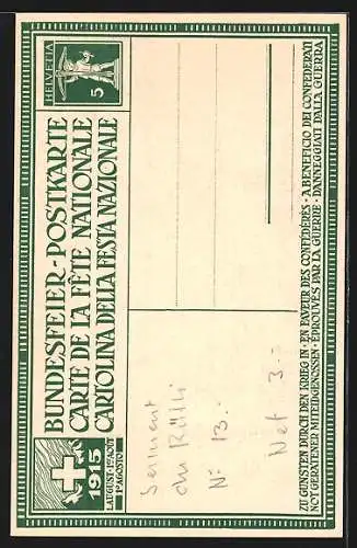 AK Schweizer Bundesfeier 1915, Rütlischwur, Fahnen der Kantone