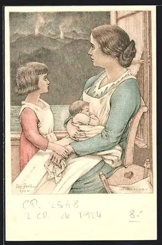 Künstler-AK Schweizer Bundesfeier 1924, Mutter mit Kindern am Fenster sitzend