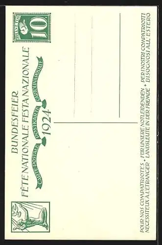 Künstler-AK Schweizer Bundesfeier 1924, Mutter mit Kindern am Fenster sitzend