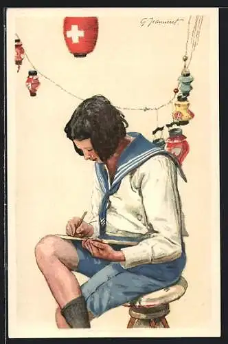 AK Schweizer Bundesfeier, Für unsere Taubstummen und Schwerhörigen, Junge Person beim Schreiben