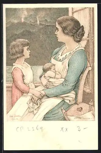 Künstler-AK Schweizer Bundesfeier 1924, Mutter mit Kindern am Fenster sitzend