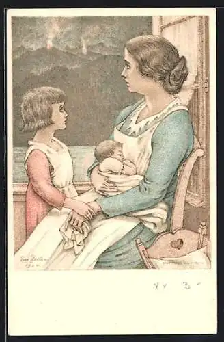 Künstler-AK Schweizer Bundesfeier 1924, Mutter mit Kindern am Fenster sitzend