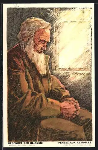 AK Schweizer Bundesfeier, Gedenket den Blinden, Blinder am Mann am Fenster sitzend