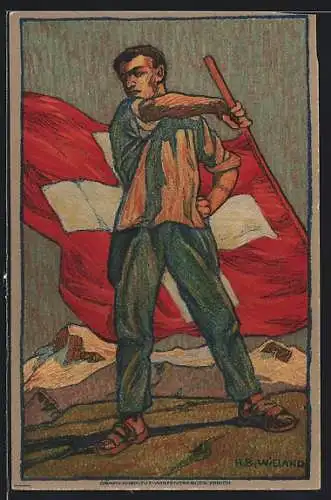 Künstler-AK Schweizer Bundesfeier 1912, Mann mit Flagge im Gebirge