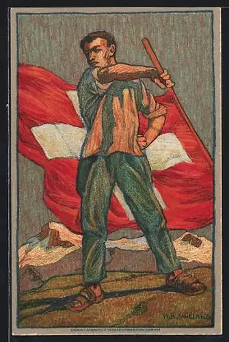 AK Schweizer Bundesfeier 1912, Eidgenosse mit Flagge
