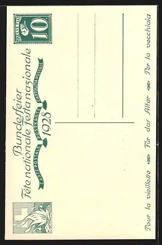 Künstler-AK Schweizer Bundesfeier 1.8.1928, Enkeltochter mit ihrem Grossvater