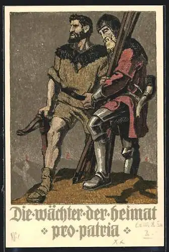 AK Schweizer Bundesfeier 1910, Wilhelm Tell und schweizer Soldat, Wächter der Heimat