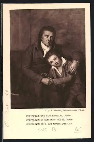 Künstler-AK Pestalozzi und sein Enkel Gottlieb, Schweizer Bundesfeier 1914