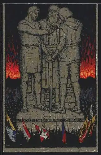 AK Rütlischwur, Standbild über Menge mit Fahnen, Flammen, Schweizer Bundesfeier 1915