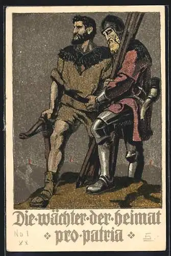 AK Schweizer Bundesfeier 1910, Wilhelm Tell und schweizer Soldat, Wächter der Heimat