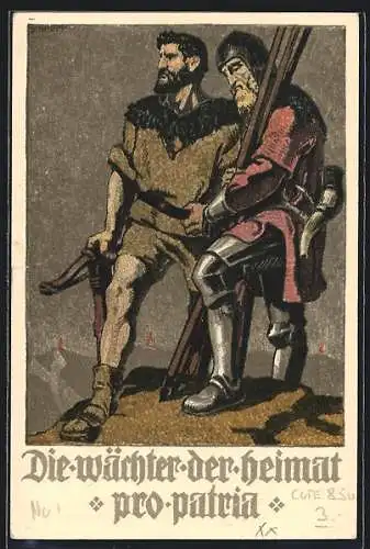 AK Schweizer Bundesfeier 1910, Wilhelm Tell und schweizer Soldat, Wächter der Heimat