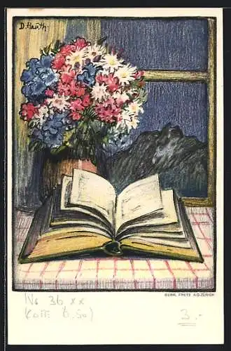 Künstler-AK Schweizer Bundesfeier 1922, Blumenstrauss mit Buch auf Tisch