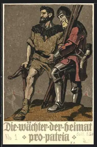 AK Schweizer Bundesfeier 1910, Wilhelm Tell und schweizer Soldat, Wächter der Heimat