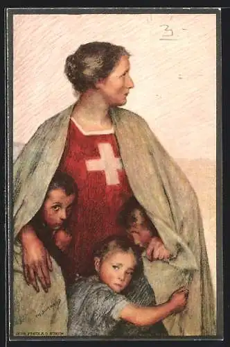 AK Schweizer Bundesfeier 1917, Frau schützt Kinder unter ihrem Mantel