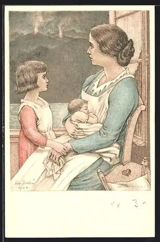 Künstler-AK Schweizer Bundesfeier 1924, Mutter mit Kindern am Fenster sitzend