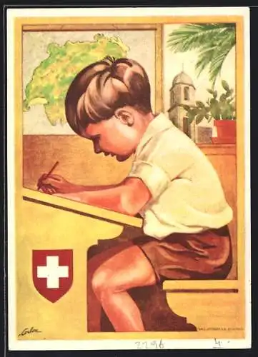 Künstler-AK Schweizer Bundesfeier 1930, Bub in der Schule