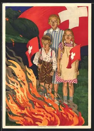 AK Schweizer Bundesfeier 1930, Kinder am Lagerfeuer mit Schweizer Flaggen