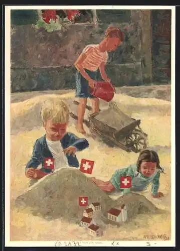 Künstler-AK Schweizer Rotes Kreuz, Kleine Kinder spielen im Buddelkasten, Bundesfeier 1937