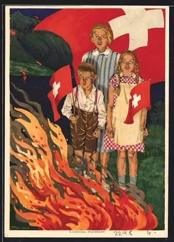AK Schweizer Bundesfeier 1930, Kinder am Lagerfeuer mit Schweizer Flaggen