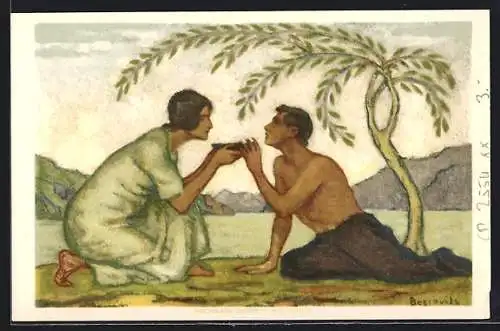 Künstler-AK Schweizer Bundesfeier, Frau reicht Mann eine Schale