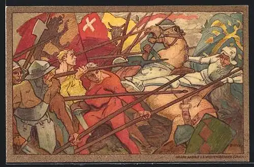 Künstler-AK Schweizer Bundesfeier 1911, Szene einer Schlacht