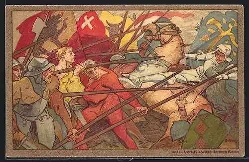Künstler-AK Schweizer Bundesfeier 1911, Szene einer Schlacht