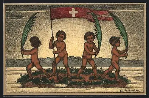 Ganzsache-AK Schweizer Bundesfeier 1916, Nackte Jungen mit Schweizer Fahne und Palmenwedel